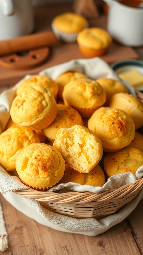 A basket of golden corn muffins with butter on a rustic kitchen table.
